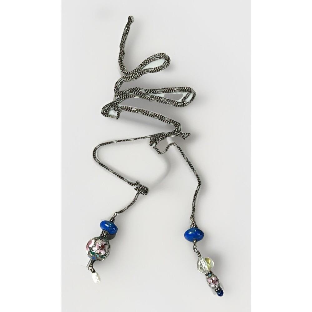 Vintage Sterling Silver 925 Murano Glass Pearl Bead Lariat Necklace Classic 39”